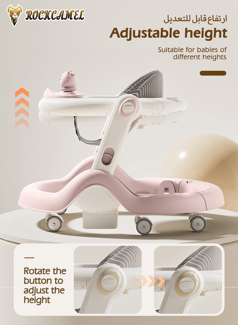 ROCKCAMEL 3-in-1 Foldable Baby Walker, Adjustable Height Anti-Tip Activity Walker with Music, Push Handle, Removable Tray & Footrest, Convertible Sit-to-Stand Learning Walker for Baby 7-18 Months, Pink - Image 4